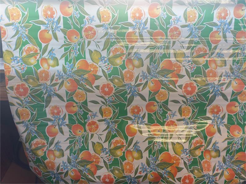 Seville Oranges with Green Stripe Oilcloth Fabric by the Yard - 47.5" Wide