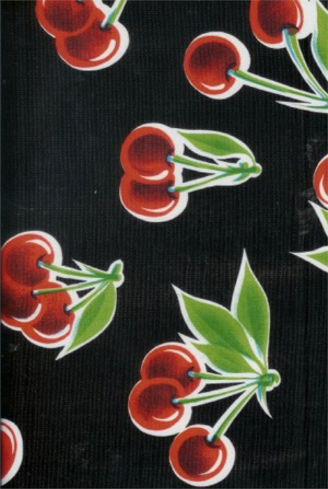 Stella Cherries on Black Oilcloth Fabric by the Yard - 47.5" Wide