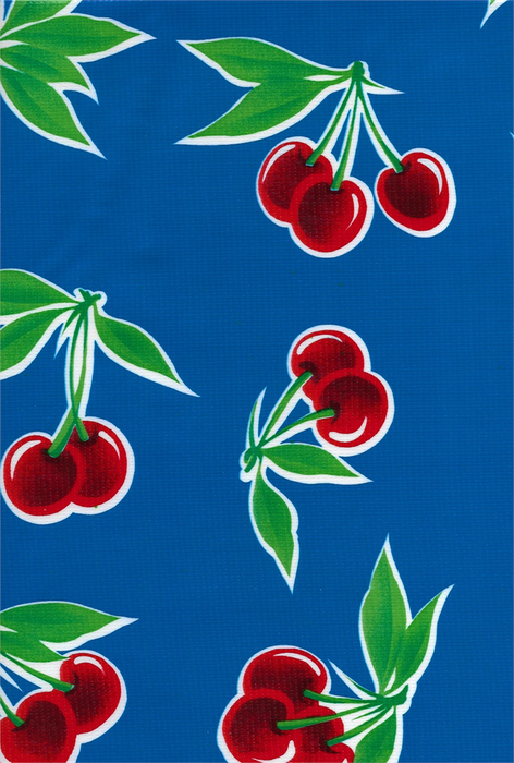 Stella Cherries on Blue Oilcloth Fabric Full Bolt - 12 Continuous Yards, 47.5" Wide
