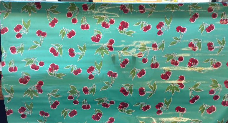 Stella Cherries on Aqua Oilcloth Fabric Full Bolt - 12 Continuous Yards, 47.5" Wide