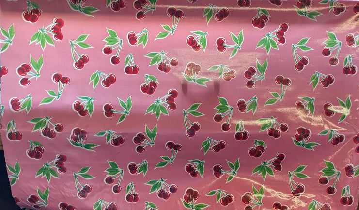 Stella Cherries on Pink Oilcloth Fabric Full Bolt - 12 Continuous Yards, 47.5" Wide