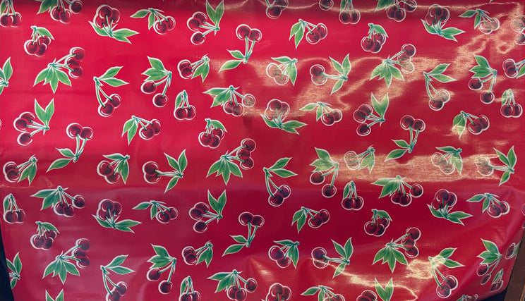 Stella Cherries on Red Oilcloth Fabric Full Bolt - 12 Continuous Yards, 47.5" Wide
