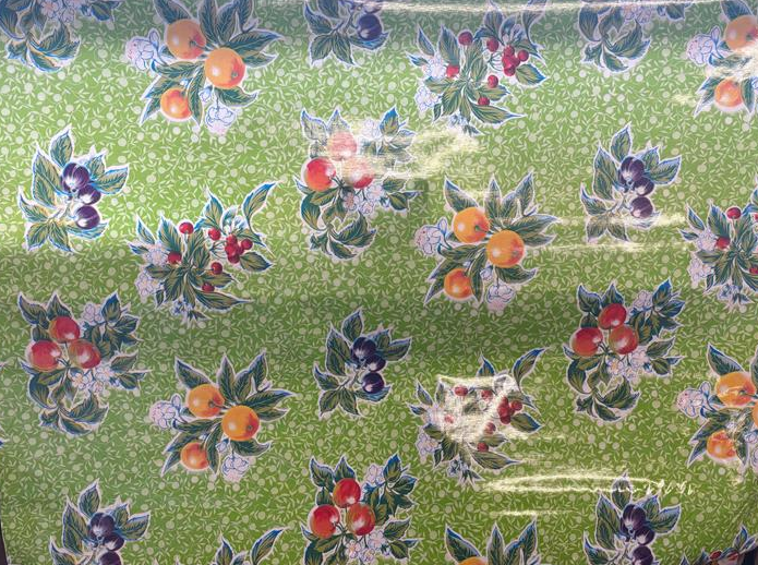 Summer Fruit on Lime Green Oilcloth Fabric Full Bolt - 12 Continuous Yards, 47.5" Wide