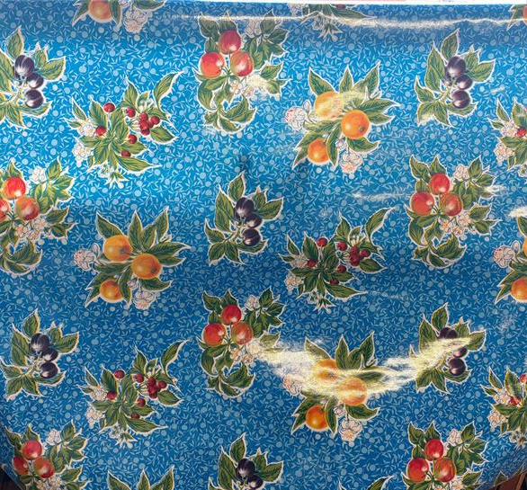 Summer Fruit on Blue Oilcloth Fabric Full Bolt - 12 Continuous Yards, 47.5" Wide