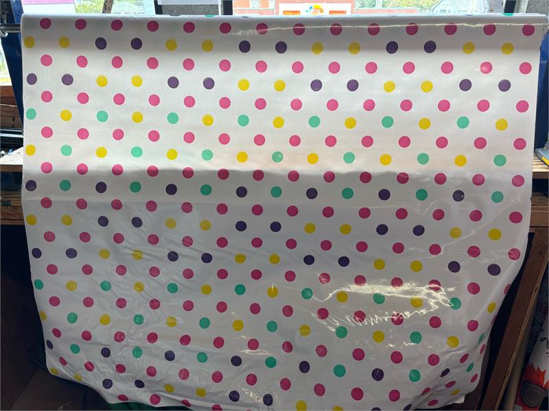 Tokyo Dots Pink and Purple on White Oilcloth Fabric Full Bolt - 12 Continuous Yards, 47.5" Wide