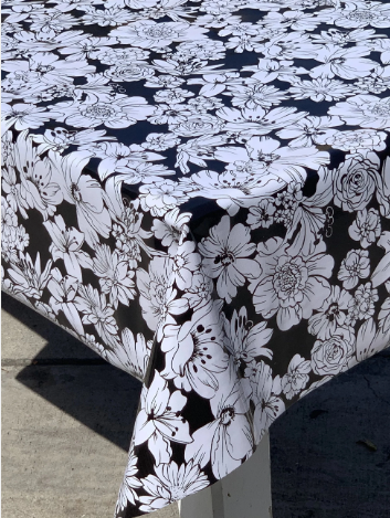 Victoria White on Black Oilcloth Fabric by the Yard - 47.5" Wide