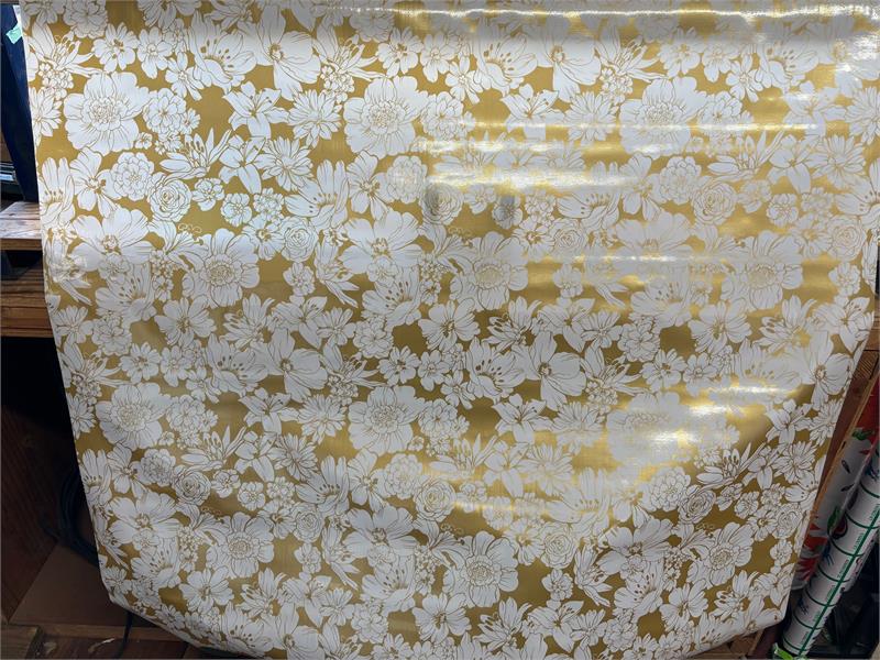 Victoria White on Metallic Gold Oilcloth Fabric Full Bolt - 12 Continuous Yards, 47.5" Wide