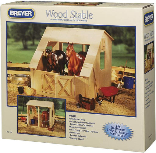 Every horse needs a home! This authentic wood two-stall stable fits both Traditional and Freedom Series horses. Features swinging barn doors, chain stall guards, and two feed bins to fit two horses.
