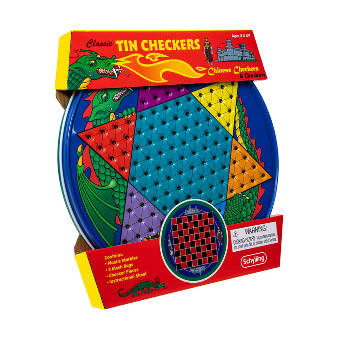 Schylling Tin Chinese Checkers - 2-in-1 Reversible Board Game Set