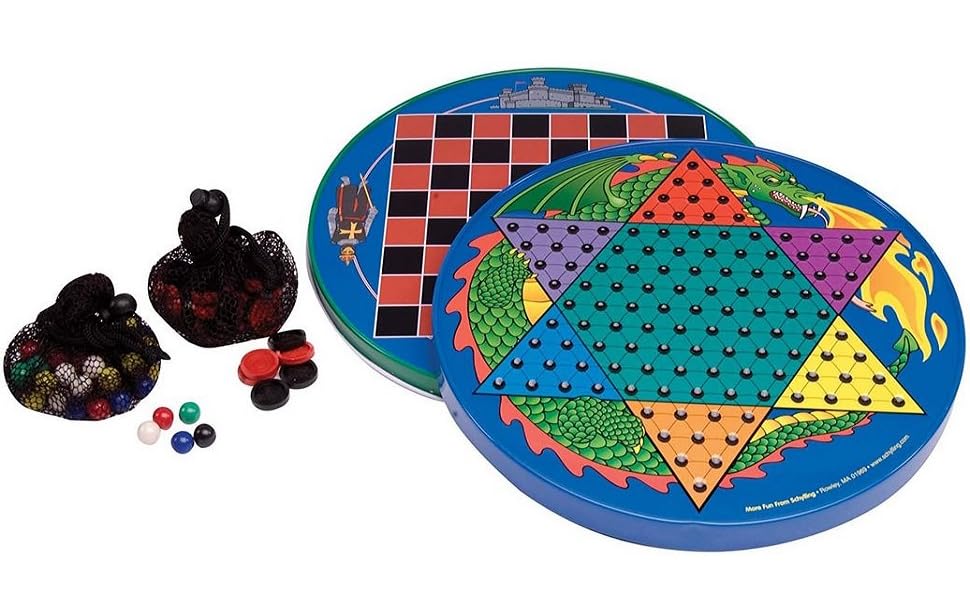 Schylling Tin Chinese Checkers - 2-in-1 Reversible Board Game Set